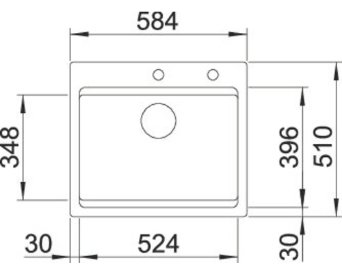 Maattekening van een spoelbak met de afmetingen 584, 524, 510, 396, 348 en 30 millimeter