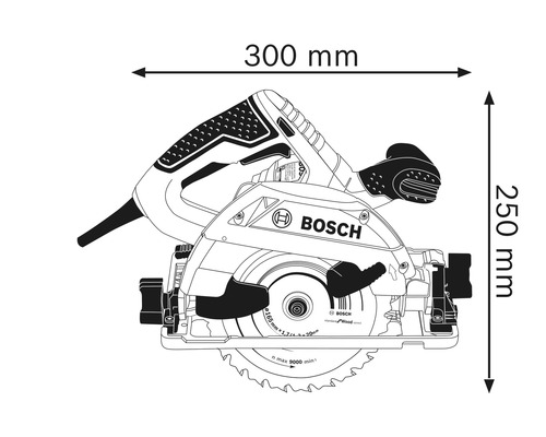Bosch handcirkelzaag met afmetingen van 300 mm bij 250 mm