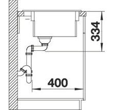 Schema van een spoelbak met de afmetingen 334 en 400 millimeter.