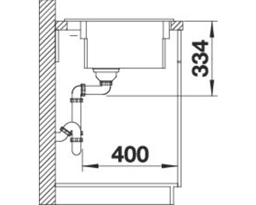 Schema van een spoelbak met de afmetingen 334 en 400 millimeter.