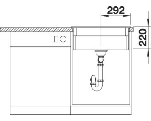 Technische tekening van een aanrechtgootsteen met afmetingen van 292 en 220 millimeter.
