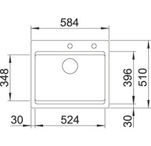 Maattekening van een spoelbak met afmetingen in millimeters