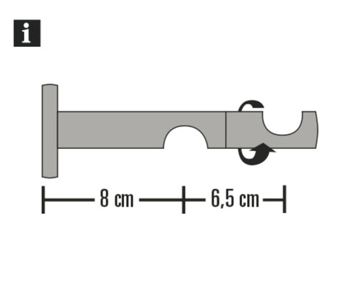 Technische tekening van een gordijnroedehouder met maatvoering