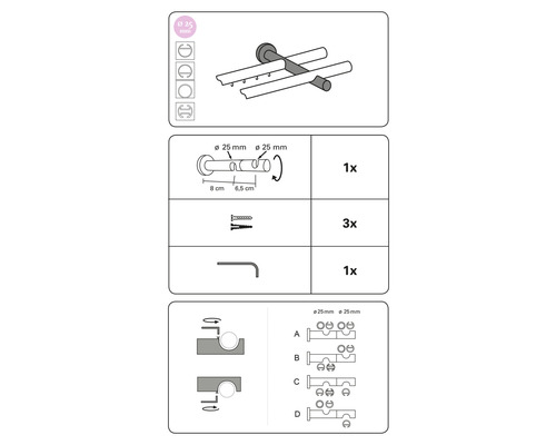 Montage-instructies voor een badkamerproduct met diameters van 25 millimeter.