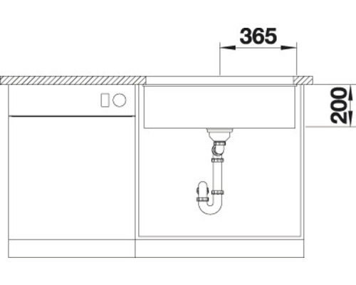 Schets van een gootsteen met afmetingen van 365 en 200 millimeter.