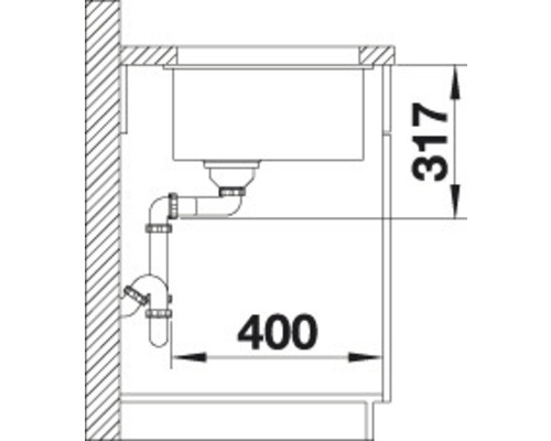 Technische tekening van een gootsteen met afvoerpijpen en maatvoering