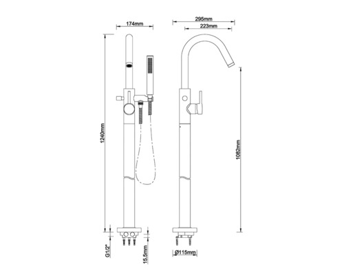 Maattekening van een vrijstaande badkraan met handdouche en maatvoering