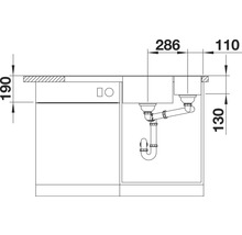 Tekening van een spoelbak met afmetingen voor installatie