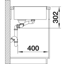 Technische tekening van een spoelbak met afvoer en maatvoering in millimeters
