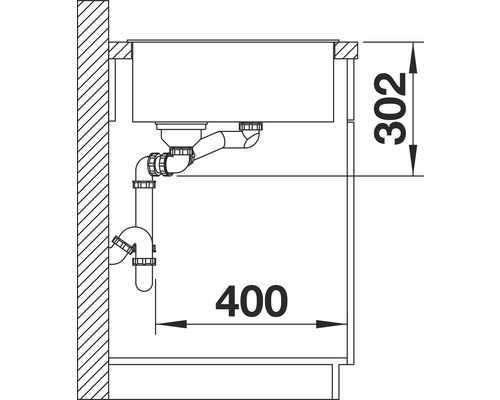 Technische tekening van een spoelbak met afvoer en maatvoering in millimeters