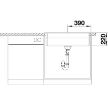 Technische tekening van een spoelbak met onderkast en bijbehorende afmetingen