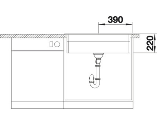 Technische tekening van een spoelbak met onderkast en bijbehorende afmetingen