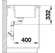 Technische tekening van een spoelbak met afvoer en maatvoering
