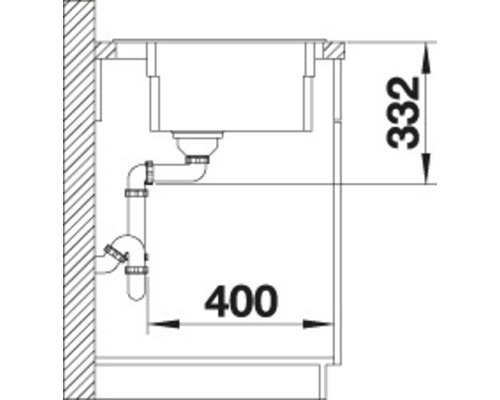Technische tekening van een spoelbak met afvoer en maatvoering