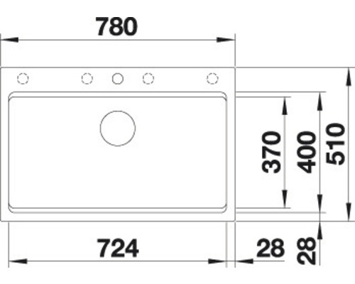 Technische tekening van een spoelbak met afmetingen.