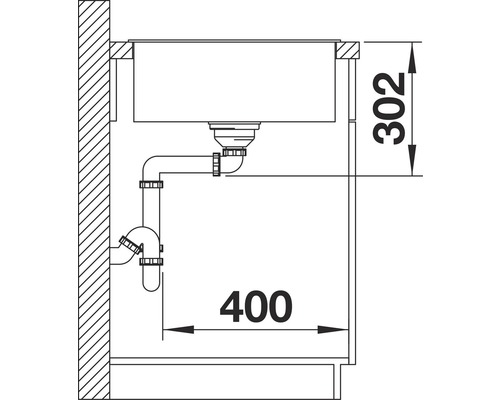 Schets van een spoelbak met afmetingen: 302 en 400.