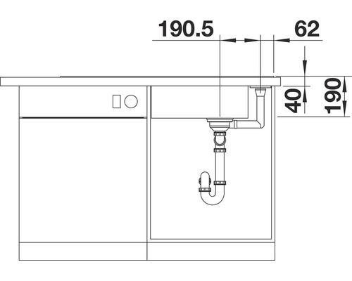 Technische tekening van een gootsteen met afmetingen
