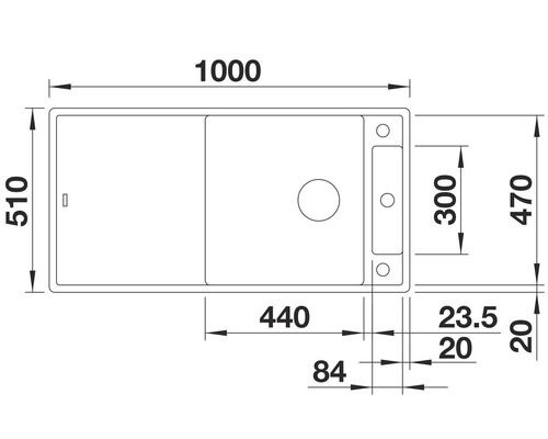 Technische tekening van een spoelbak met afmetingen