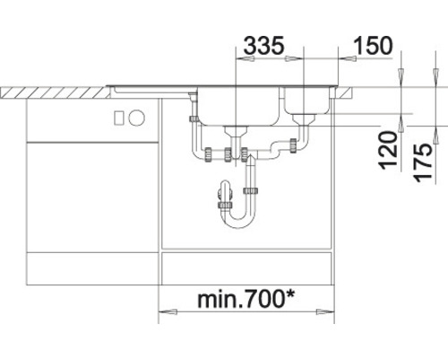 Tekening van een spoelbak met maatvoering voor installatie