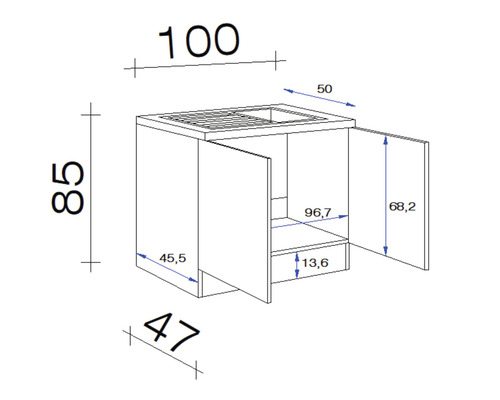 Technische tekening van een wastafelonderkast met afmetingen