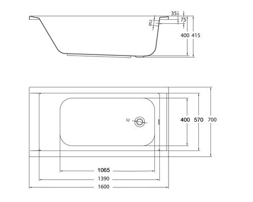 Technische tekening van een badkuip met afmetingen