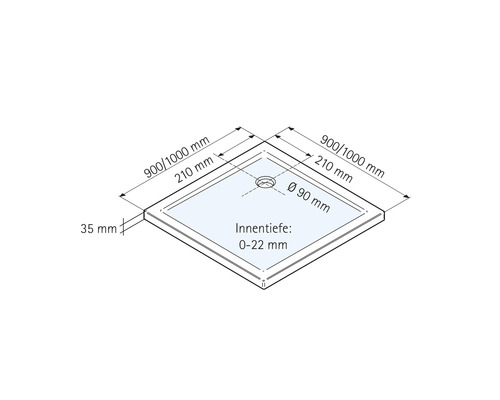 Technische tekening van een douchebak met maatvoering