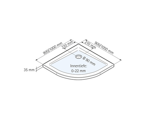 Technische tekening van een douchebak met afmetingen