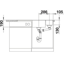 Technische tekening van een spoelbak met de afmetingen 286 mm en 105 mm