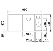 Tekening van een spoelbak met maatvoering.