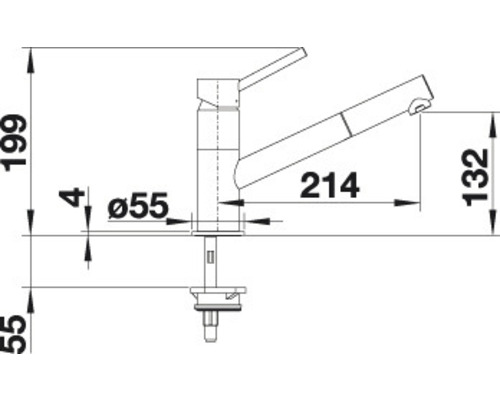 Technische tekening van een keukenkraan met afmetingen