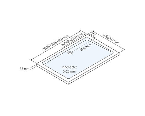 Technische tekening van een douchebak met maatvoering