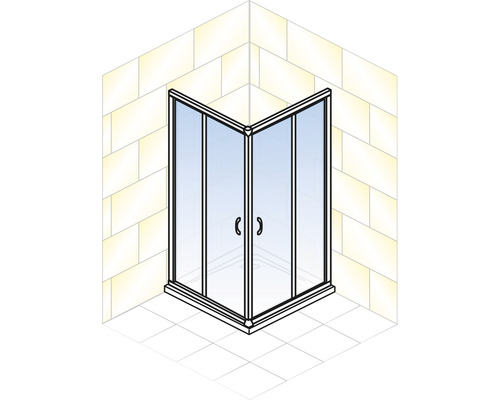 Hoekdouche met glazen deuren en handgrepen in een badkamer