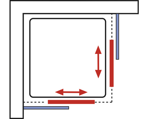 Schema van een douchecabine met verstelbereik