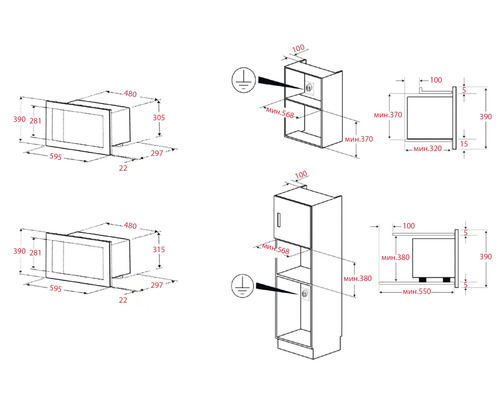 Technische tekening voor magnetron en hoge kast met maatvoering