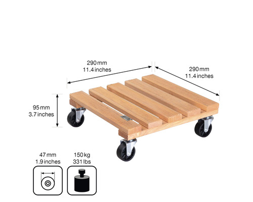 Houten plantenroller met afmetingen 290 bij 290 millimeter en een draagvermogen van 150 kilogram.