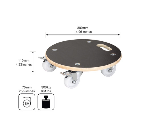 Rond rolbord met handgreep en afmetingsgegevens.