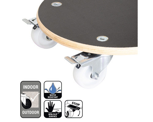 Rolplank met wielen en rem en symbolen voor binnen en buiten, waterbestendig, antislip oppervlak en parkeerrem