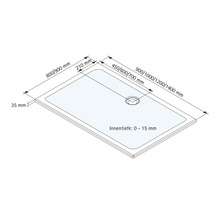 Technische tekening van een douchebak met afmetingen.
