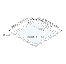 Technische tekening van een douchebak met afmetingen
