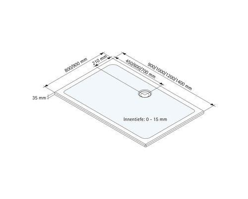 Technische tekening van een douchebak met afmetingen