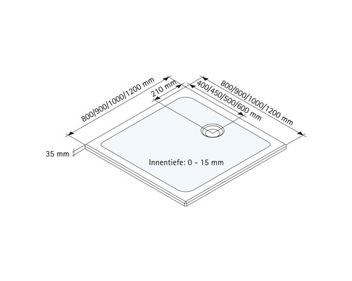 Technische tekening van een douchebak met afmetingen