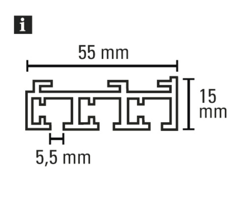 Technische tekening van een profiel met afmetingen: 55 mm breed, 15 mm hoog en 5,5 mm diep.