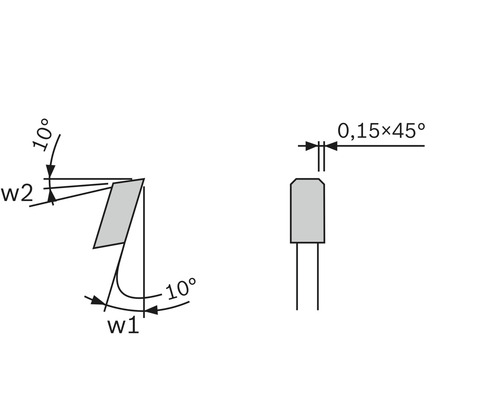 Technische tekening van een draaibeitel met hoekspecificaties