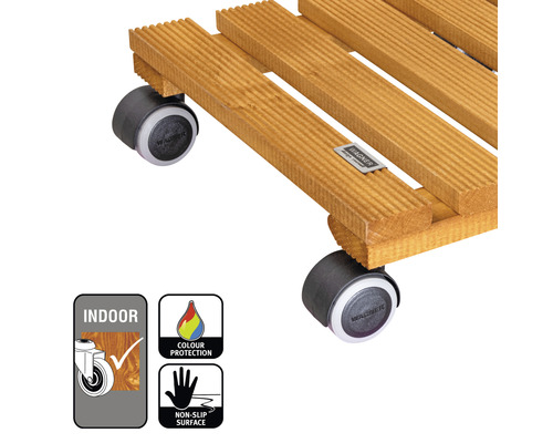 Plantenroller van hout met wielen, geschikt voor gebruik binnenshuis. Met kleurbescherming en antislip oppervlak.