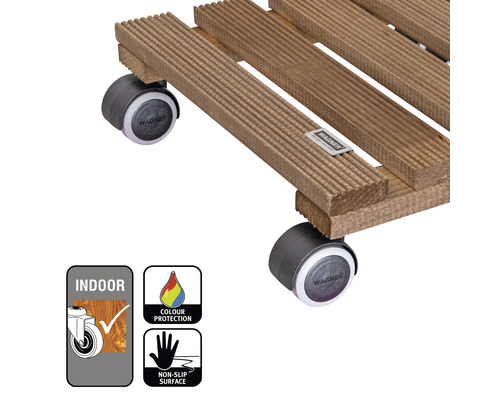 Houten plantenroller met indoor keurmerk, kleur beschermingskeurmerk, antislip oppervlak en Wagner logo