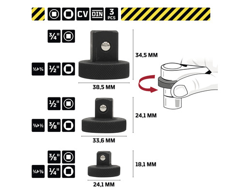 Drie verloopstukken van chroom-vanadiumstaal met maatdetails
