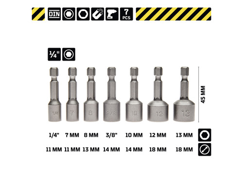 Zeven magnetische dopsleutelbits in verschillende maten, van 1/4 inch tot 13 millimeter, lengte 45 millimeter.