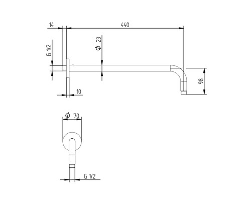 Technische tekening van een wanduitloop met maatvoering