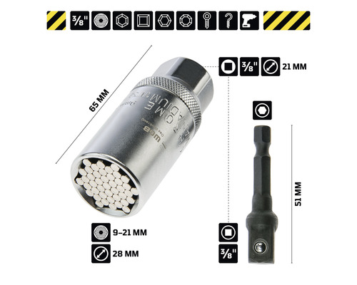 Universele dopsleuteladapter met afmetingen van 9 tot 21 millimeter en 3/8 inch opname