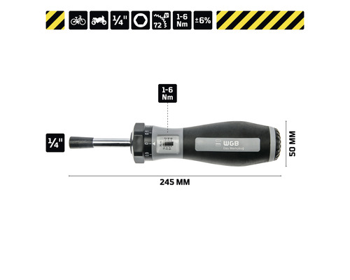 WGB momentschroevendraaier met 6,35 millimeter opname, 1 tot 6 Newtonmeter koppel en 245 millimeter lengte